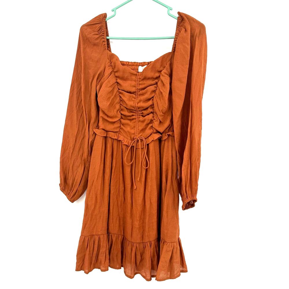 Peach Love Sz Small Dress Brown Ruched Elastic Back Long‎ Sleeve Cottagecore NWT